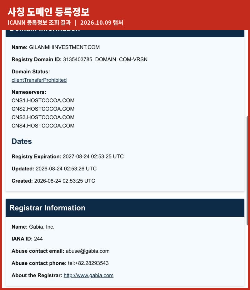 gilanmhinvestment.com 도메인 등록정보 조회 결과. 2026년 8월 24일 생성, 등록업체 가비아